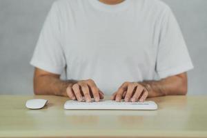 Businessman searching browsing internet data information with blank search bar. Search engine optimization SEO networking concept. businessman working with computer laptop on desk in office. photo