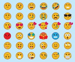 Set of 36 cartoon emoticons. Emoji icons. Social media emoticon Yellow faces expressing emotion. Vector illustration.