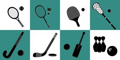 ilustración de vector de colección de equipo de ejercicio de mano. establecer vectores de equipos deportivos de bádminton, cancha de tenis, tenis de mesa, lacrosse, cricket, bolos.