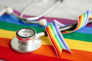 LGBT symbol, Stethoscope with rainbow ribbon, rights and gender equality, LGBT Pride Month in June. photo