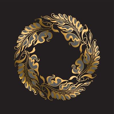 luxury golden wreath with decorative natural leaves and flowers