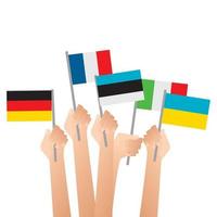 manos variadas con banderas nacionales vector