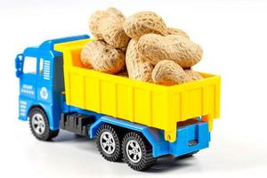 Toy truck with peanuts on white background photo