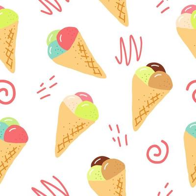ice cream in waffle cone seamless pattern. hand drawn doodle. , cartoon. wallpaper, textiles, fabric, wrapping paper. food, sweet refreshing bright summer