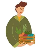 Farmer holding crate of fresh vegetables. Smiling man with veggie, portrait. Happy farm worker with organic harvest in wood box. Flat vector illustration