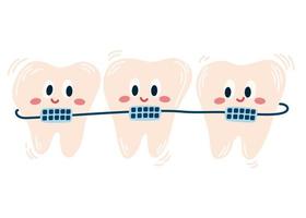 dientes con frenos. lindos dientes de dibujos animados con aparatos ortopédicos. cuidado dental. perfecto para imprimir libros de texto y odontología pediátrica. ilustración vectorial dibujada a mano aislada en el fondo blanco. vector