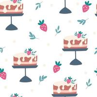 Cake seamless pattern. Strawberry cake. Sweet food background. Printing on fabrics, labels, diary covers and other. Hand Drawn Cartoon Vector illustration