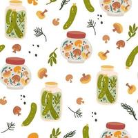 Preserving seamless pattern. Pickled cucumbers and mushrooms. Canned, Preserve and Jar Food. Fermented veggies. Conserve Concept. Hand Drawn Cartoon Vector illustration