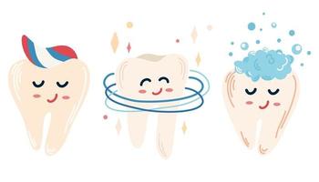 dibujos animados felices dientes sanos. dientes limpios. cuidado dental. para niños instrucciones sobre cepillado de dientes, impresión y folletos. ilustración vectorial dibujada a mano aislada en el fondo blanco. vector