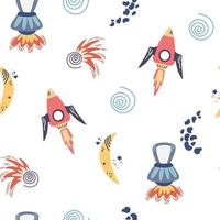Space seamless pattern. Background with cartoon space rockets, planets, stars. Cosmic. Perfect for children's designs, wallpaper, textile and print. Vector Hand draw illustration