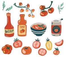 Tomato set. Ketchup, mashed tomatoes, tomato sauce, gazpacho. Tomatoes whole, sliced and on a branch. Organic healthy food. Vegetables. Hand Drawn Cartoon Vector illustration