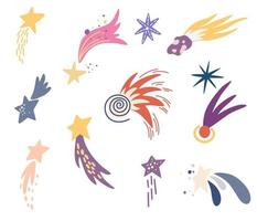 Shooting stars set. Comet tail or star trail. Meteorite, space. Vector Hand draw illustration isolated on the white background.