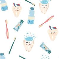 patrón sin costuras de cuidado dental. diente, hilo dental, pasta de dientes, cepillo de dientes, personajes de dibujos animados. tratamiento e higiene bucal. textil, papel pintado, estampados. ilustración plana vectorial vector