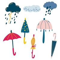 Clouds and umbrellas.  Set with colorful umbrellas and clouds with rain and thunderstorms. Weather forecast, autumn clothes. Vector Hand draw illustration isolated on the white background.