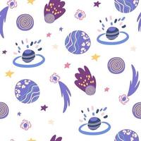 Space seamless pattern. Cosmic. Background with cartoon planets and stars. Perfect for children's designs, wallpaper, textile and print. Vector Hand draw illustration