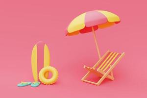 Representación 3d del concepto de vacaciones de verano con silla de playa y sombrilla, elementos de verano, estilo minimalista. Presentación 3d. foto