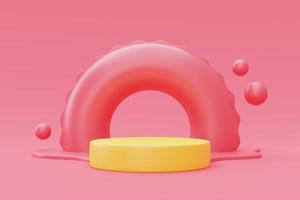 Representación 3d de anillo de natación inflable con pantalla de podio aislado sobre fondo rosa, concepto de vacaciones de verano, elementos de verano, estilo minimalista. Presentación 3d. foto
