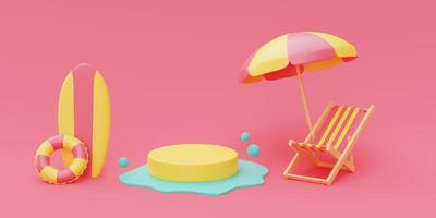 3d rendering of summer vacation concept with beach chair and umbrella,summer elements,minimal style.3d render. photo