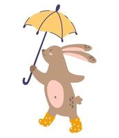 Rabbit. Cute bunny with an umbrella and rubber boots. Perfect for printing children's postcards, prints and posters. Vector cartoon illustration