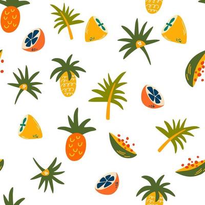 Fruit seamless pattern. Lemons, limes, papaya, pineapple and tropical leaves. Delicious sweet food. Perfect for printing, menus and restaurants, textiles, wrapping paper.  Vector illustration