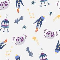 Space seamless pattern. Background with cartoon space rockets, planets, stars. Cosmic. Perfect for children's designs, wallpaper, textile and print. Vector Hand draw illustration