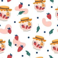 Strawberry jam seamless pattern. Sweet homemade dessert. Beautiful background for package, wrapping paper, fabric, print, banner, wallpaper, advertising, textile. Vector illustration