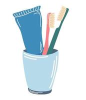 Toothbrush and toothpaste in a glass. Product for cleaning teeth. Dental and oral care abstract concept. For children instructions on brushing teeth, printing and booklets. Vector Cartoon illustration