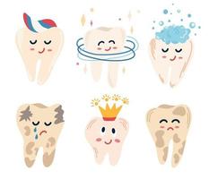 conjunto de dientes limpiar los dientes con pasta dentífrica, espuma, corona y caries. lindos personajes de dibujos animados de dientes. higiene bucal, limpieza dental. concepto dental para su diseño. ilustración vectorial dibujada a mano vector