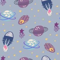 espacio de patrones sin fisuras. cósmico. fondo con estrellas y planetas de dibujos animados. perfecto para diseños infantiles, papel tapiz, textil e impresión. ilustración vectorial dibujada a mano vector