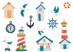 Marine set. Beach houses, lighthouses, seagulls, anchor compass and lifebuoy. Ocean life. Summer time. Vacation homes, lighthouses. Flat vector illustration