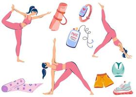 clases de yoga. las chicas hacen yoga en diferentes poses. equipamiento deportivo, accesorio de gimnasio, colchoneta de yoga, ropa deportiva, pulsera de fitness y reproductor. paquete de cosas de entrenamiento. ilustración vectorial plana vector