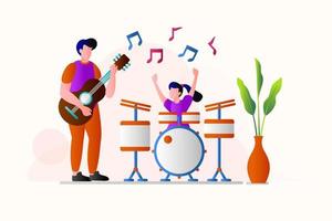 The Little Girl and Her Father Play Guitar and Drums Together vector