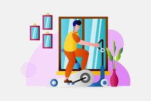 Man Working Out On Exercise Bike at Home  - Vector Illustration