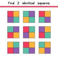 Find two identical squares. Worksheet for kids kindergarten, preschool and school age. vector