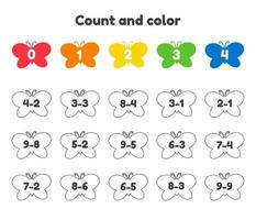 Coloring book number for kids. Worksheet for preschool, kindergarten and school age. Subtraction. Count and color. Butterflies. vector
