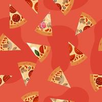 Seamless pattern with slices pizza pepperoni, tomatoes, onions, olives, mushrooms, ham. Italian fast food. vector