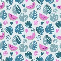 Geometric seamless pattern of hearts, spirals and watermelon slices, abstract background of simple shapes, bright summer texture vector
