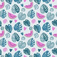 Geometric seamless pattern of hearts, spirals and watermelon slices, abstract background of simple shapes, bright summer texture vector