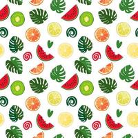 Seamless texture of green monstera leaves, watermelon slices and tropical fruits.  Foliage pattern, natural abstract background. Bright floral summer texture from citrus vector