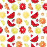 Seamless texture of watermelon slices and tropical fruits. Vector pattern, natural abstract background. Bright summer texture from citrus