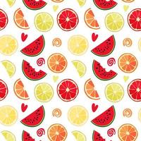 Seamless texture of watermelon slices and tropical fruits. Vector pattern, natural abstract background. Bright summer texture from citrus