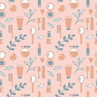 Seamless texture from cosmetics icons and floral elements, pattern, abstract background, wallpaper vector