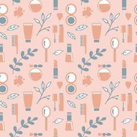 Seamless texture from cosmetics icons and floral elements, pattern, abstract background, wallpaper vector