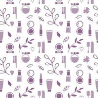 Seamless texture from cosmetics icons and floral elements, pattern, abstract background, wallpaper vector