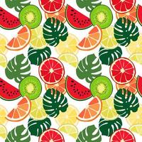 Seamless texture of green monstera leaves, watermelon slices and tropical fruits.  Foliage pattern, natural abstract background. Bright floral summer texture from citrus vector