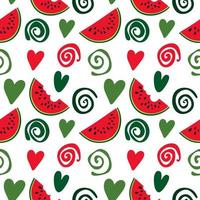 Geometric seamless pattern of hearts, spirals and watermelon slices, abstract background of simple shapes, bright summer texture vector