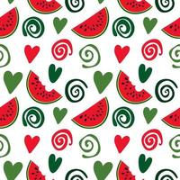 Geometric seamless pattern of hearts, spirals and watermelon slices, abstract background of simple shapes, bright summer texture vector