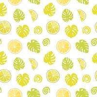 Seamless texture of green monstera leaves and tropical fruits. Foliage pattern, natural bstract background. Bright floral summer texture from citrus vector