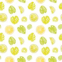 Seamless texture of green monstera leaves and tropical fruits. Foliage pattern, natural bstract background. Bright floral summer texture from citrus vector