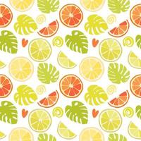 Seamless texture of green monstera leaves and tropical fruits. Foliage pattern, natural bstract background. Bright floral summer texture from citrus vector
